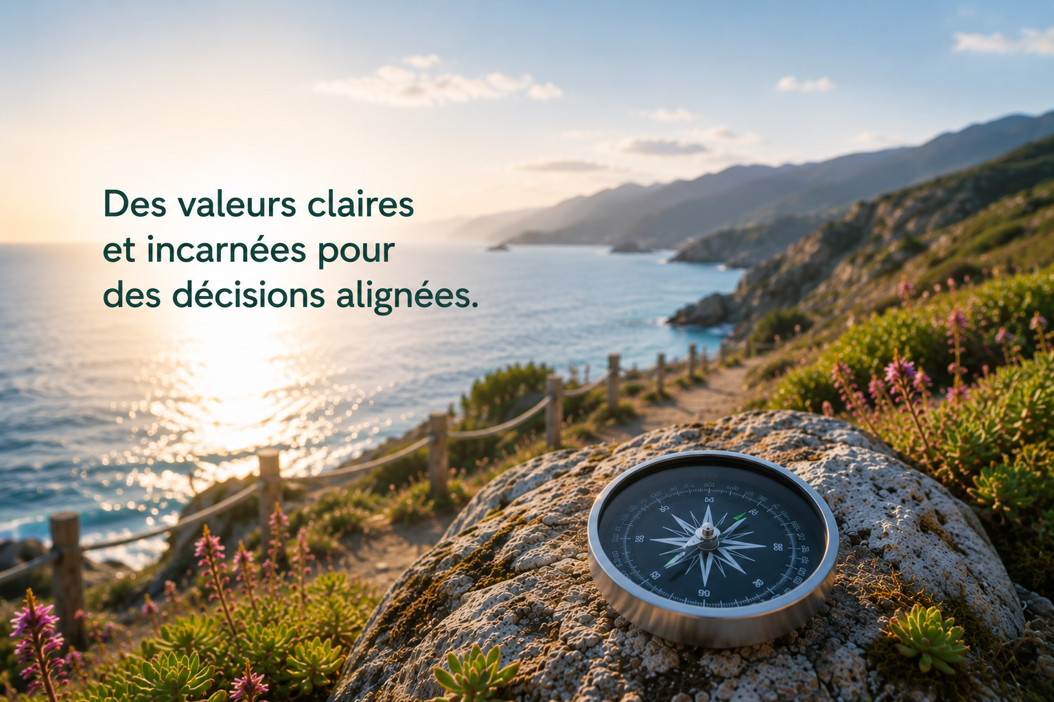 Illustration représentant les valeurs d’entreprise et leur impact sur la collaboration, la prise de décision et la culture organisationnelle. Une boussole moderne posée sur un rocher face à la mer symbolise l’alignement stratégique, le leadership, la cohé